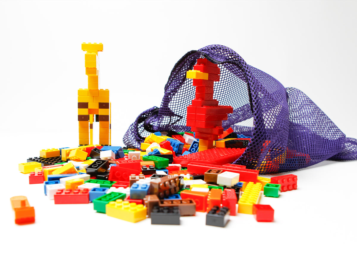 A single-student set of BrickLAB bricks in a mesh bag with builds of a giraffe and a bird